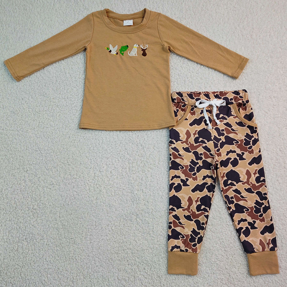Baby Boys Clothes Embroidery Dogs Ducks Deer Top Camo Pockets Jogger Hunting Clothes Sets BLP1493