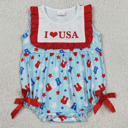 Baby Girls Rompers Sleeveless I Love USA Stars 4th of July Ruffle Rompers SR4154