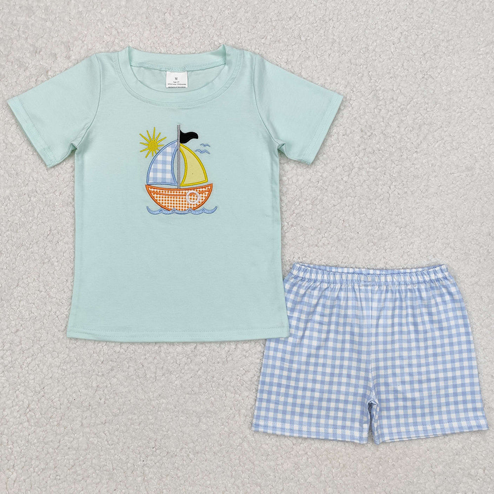 Baby Boys Clothes Sailboat Embroidery Tee Shirts Checkered Shorts Sets BSSO1048