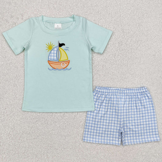 Baby Boys Clothes Sailboat Embroidery Tee Shirts Checkered Shorts Sets BSSO1048