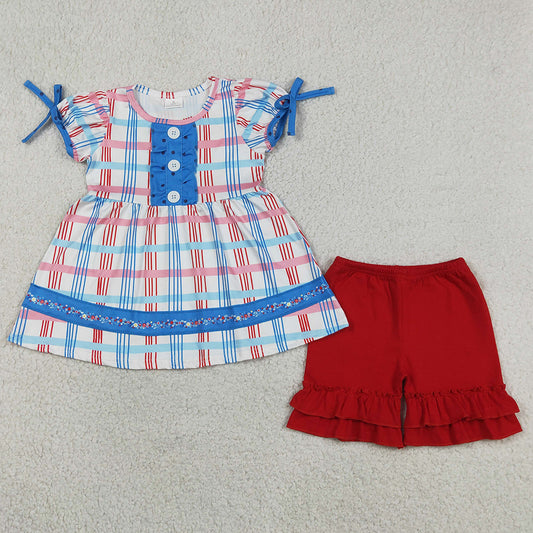 Baby Girls Clothes Red Blue Checked Button Tunic Ruffle Shorts July 4th Clothes Sets GSSO2815