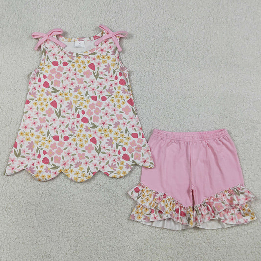 Baby Girls Clothes Colorful Flowers Scallop Tunic Ruffle Shorts Clothes Set GSSO3389