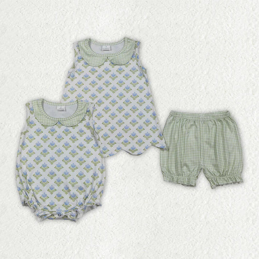 Sibling Baby Girls Flowers Checked Collar Scallop Tunic Ruffle Short Clothes Set Rompers