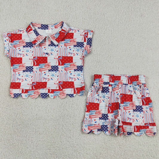 Baby Girls Clothes Bows Flags Checked Zip Top Shorts 4th of July Scallop Clothes Sets GSSO3599