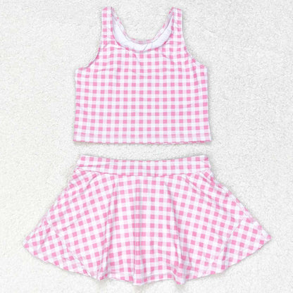Baby Girls Swimsuits Summer Pink Checkered Top Skirts Clothes Sets GSD0992