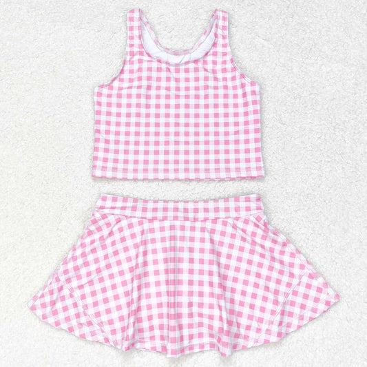 Baby Girls Swimsuits Summer Pink Checkered Top Skirts Clothes Sets GSD0992