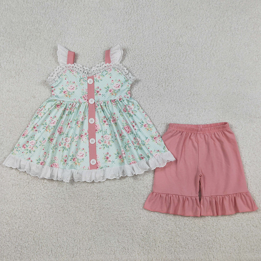Baby Girls Clothes Colorful Flowers Button Tunic Ruffle Shorts Clothes Sets GSSO3036