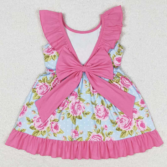 Baby Girls Dress Blue Dots Pink Flowers Bow Knee Length Dresses GSD0738