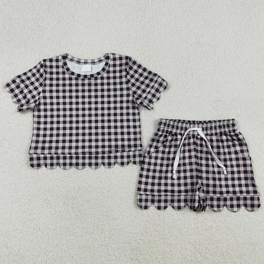 Baby Girls Clothes Short Sleeve Black Checked Top Shorts Scallop Clothes Sets GSSO3182