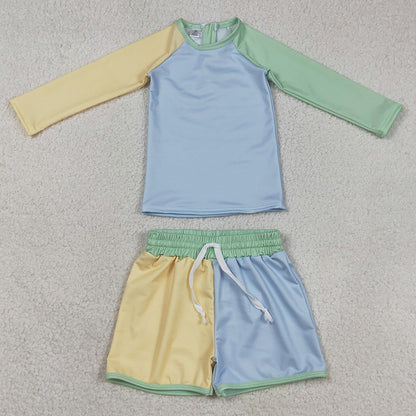 Baby Boys Swimsuits Long Sleeve Yellow Aqua Blue Shirts Top Shorts Swimsuits S0634