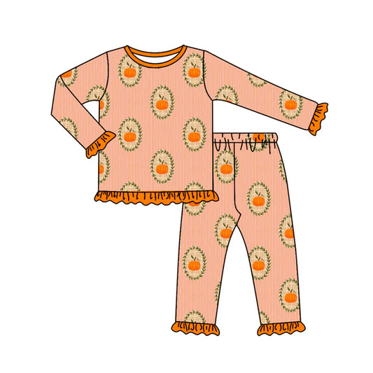 Preorder (moq 5)Baby Girls Long Ruffle Sleeves Pumpkins Plaid Top Pants Pajamas Set 7.1