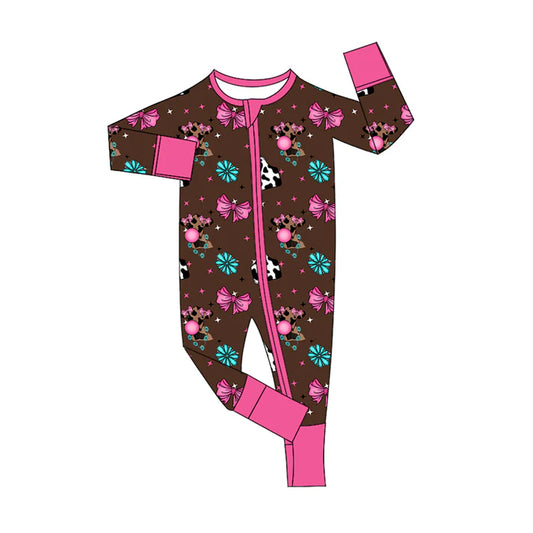 Preorder(moq 5)Baby Infant Boys Long Sleeves Cow Print Turquoise Zipper Rompers 7.30
