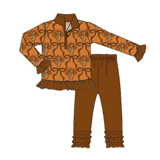 Preorder (moq 5)Baby Girls Brown Bows Turkey Plaid Zipper Pullovers Ruffle Leggings Thanksgiving Set 8.29