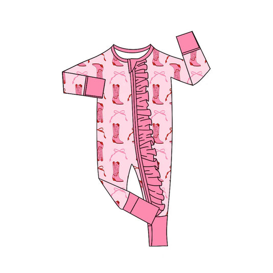 Preorder (moq 8)Baby Girls Pink Bows Boots Ruffle Zipper Footie Rompers 9.22
