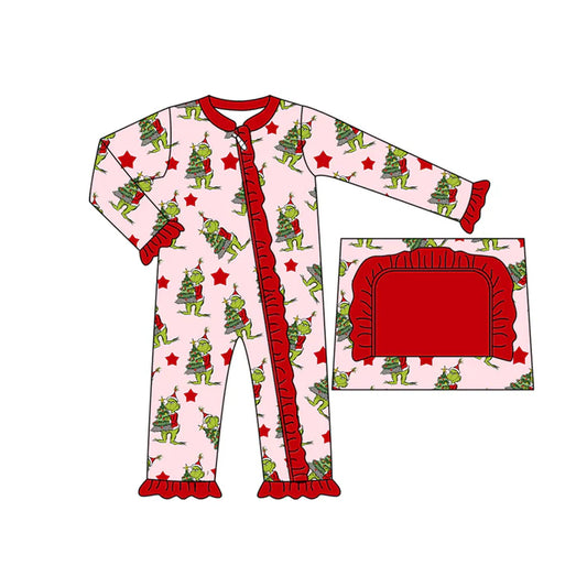 preorder(moq 5)Baby Infant Girls Christmas Trees Green Face Ruffle Zipper Rompers 7.31