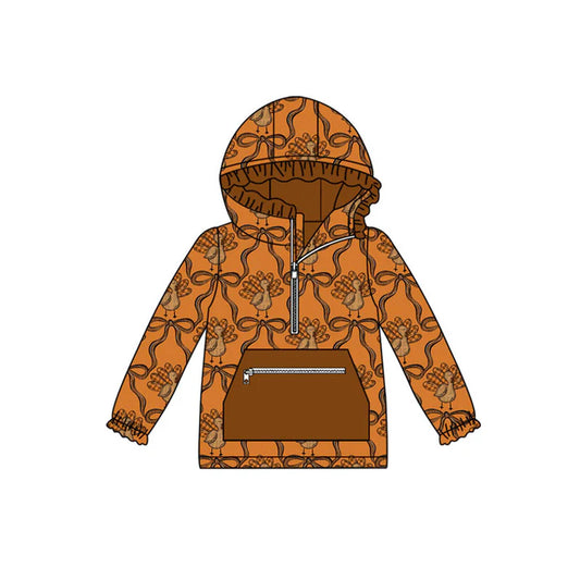 Preorder(moq 5)Baby Girls Brown Bows Turkey Plaid Thanksgiving Pockets Zipper Hoodie Tops 8.30