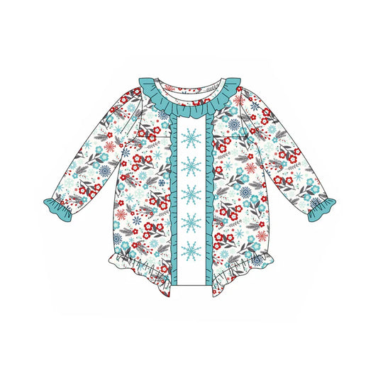 Preorder (moq 5)Baby Girls Long Sleeves Blue Red Flowers Snowflake Ruffle Rompers 5.16