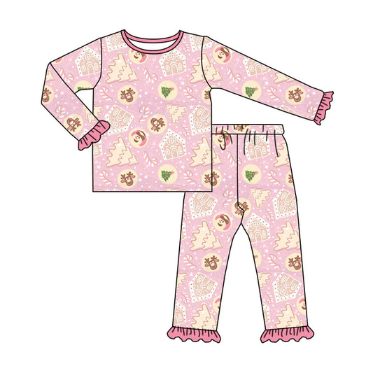 Preorder (moq 5)Baby Girls Pink Long Ruffle Sleeves Deer Trees Plaid Top Pant Pajamas Sets 6.11