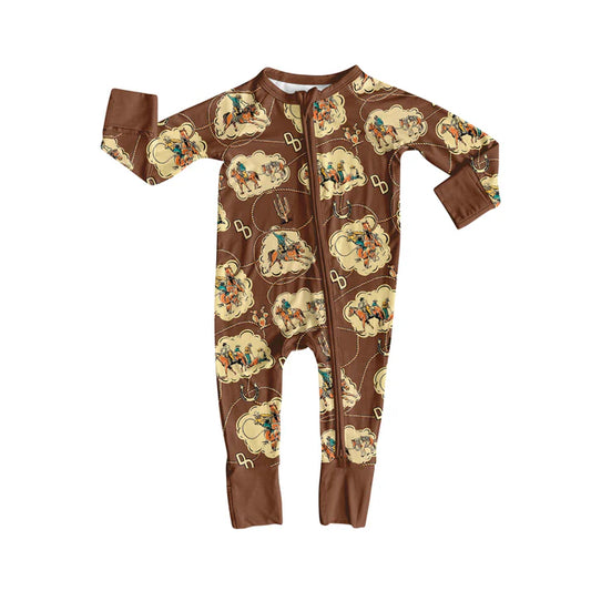 Preorder moq 5 Baby Infant Boys Long Sleeves Brown Horse Rodeos Cactus Plaid Zipper Romper 7.15