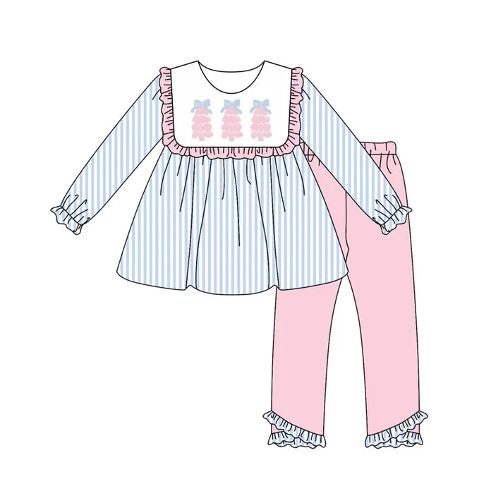 Preorder (moq 5)Baby Girls Long Ruffle Sleeves Blue Stripes Trees Tunic Pink Legging Pant Sets 6.10