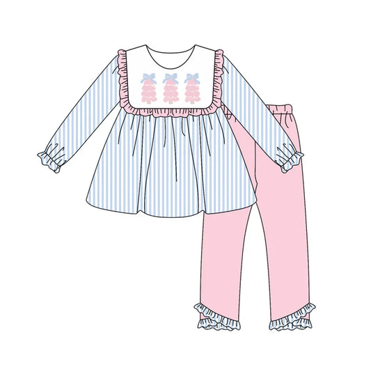 Preorder (moq 5)Baby Girls Long Ruffle Sleeves Blue Stripes Trees Tunic Pink Legging Pant Sets 6.10