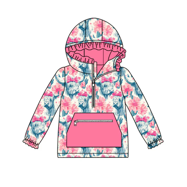 Preorder (moq 8)Baby Girls Highland Cows Pocket Zipper Western Ruffle Hoodies Top 9.10