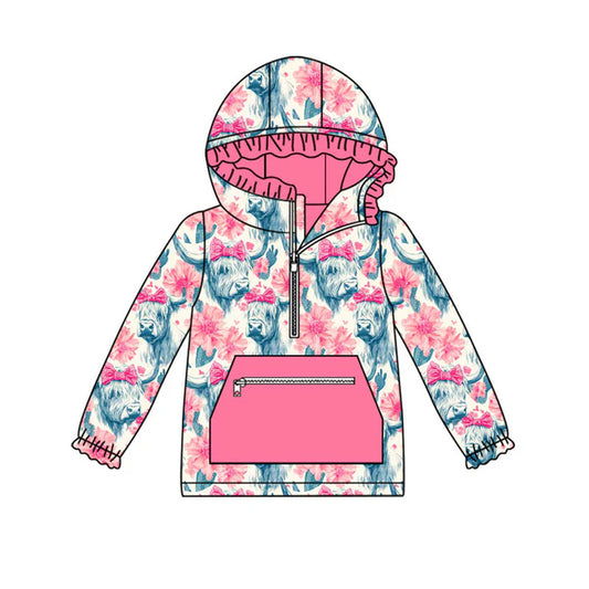 Preorder (moq 8)Baby Girls Highland Cows Pocket Zipper Western Ruffle Hoodies Top 9.10