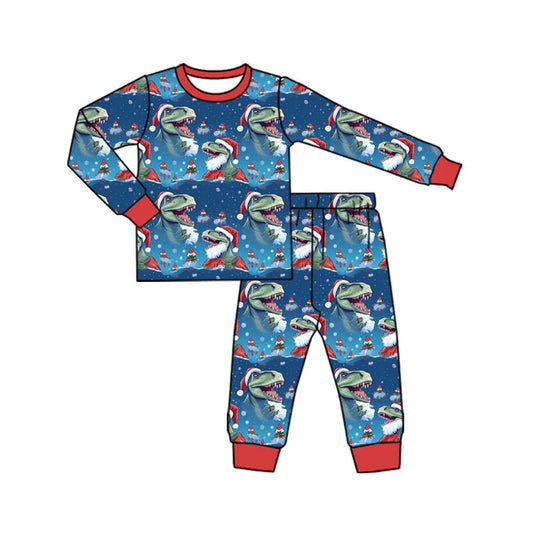 Preorder (moq 5)Baby Boys Hats Dinosaurs Trees Top Pants Christmas Blue Pajamas Sets 9.4