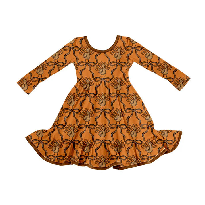 Preorder (moq 5)Baby Girls Brown Bows Turkey Plaid Thanksgiving Ruffle Knee Length Dress 8.29