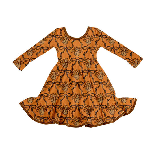 Preorder (moq 5)Baby Girls Brown Bows Turkey Plaid Thanksgiving Ruffle Knee Length Dress 8.29