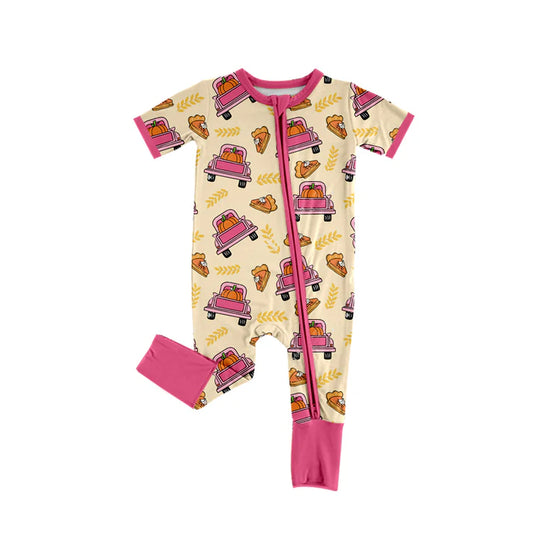Preorder (moq 5)Baby Girls Pink Short Sleeves Pie Pumpkins Trucks Plaid Zipper Romper 7.2