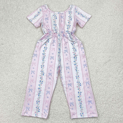 Baby Girls Jumpsuits Pink Short Sleeves Bows Floral Pockets Jumpsuits SR2941 4.9
