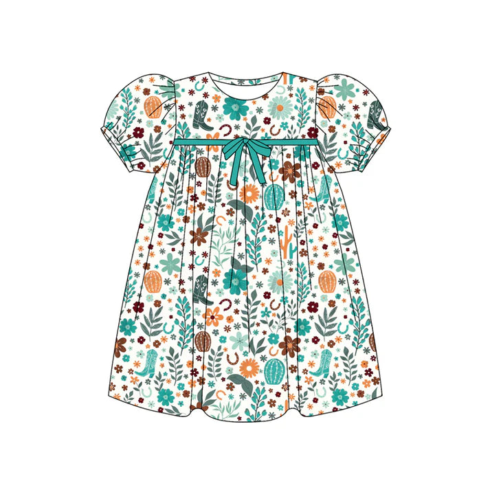 Preorder (moq 5)Baby Girls Short Ruffle Sleeves Green Boots Floral Knee Length Dresses 5.24