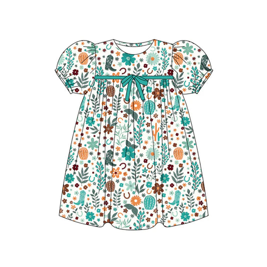 Preorder (moq 5)Baby Girls Short Ruffle Sleeves Green Boots Floral Knee Length Dresses 5.24