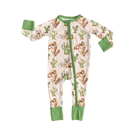 Preorder(moq 5)Baby Boys Western Boots Cactus Cowboys Rodeo Zipper Footie Rompers 8.8