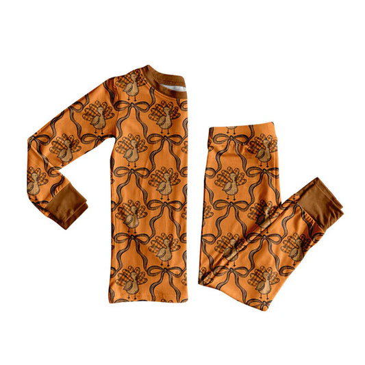 Preorder (moq 5)Baby Girls Brown Bows Turkey Plaid Top Pants Thanksgiving Pajamas Sets 8.29