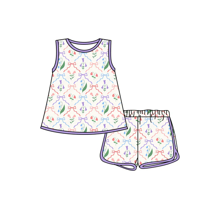 Preorder moq 5 Baby Girls Purple Sleeveless Bows Flowers Tunic Short Set 4.17