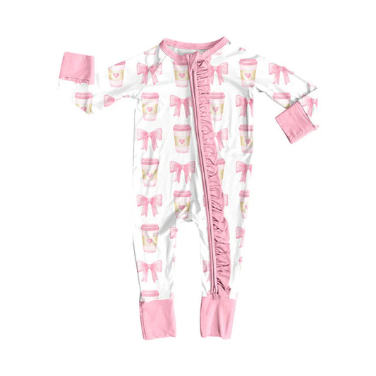 Preorder (moq 8)Baby Girls Pink Bows Coffee Valentine Ruffle Zipper Footie Rompers 9.6