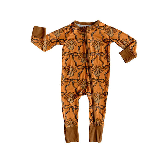 Preorder(moq 5)Baby Girls Brown Bows Turkey Plaid Thanksgiving Zipper Footie Rompers 8.29