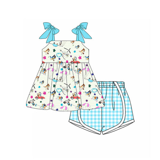 Preorder moq 5 Baby Girls Aqua Strap Cartoon Dogs Beach Tunic Plaid Short Set 4.15