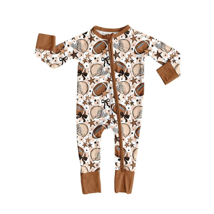 Preorder (moq 5)Baby Boys Long Sleeve Khaki Checked Stars Footballs Team Zipper Footie Rompers 10.4