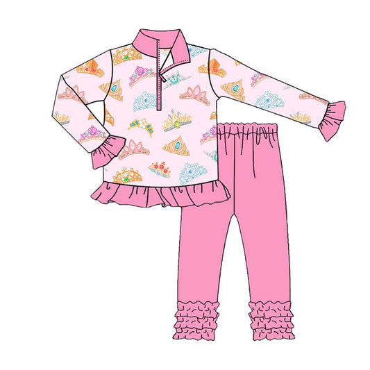 Preorder (moq 8)Baby Girls Colorful Crowns Zipper Pullover Ruffle Legging Mardigras Clothes Sets 9.9