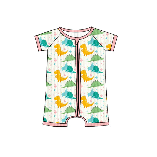 Preorder (moq 5)Baby Boys Pink Short Sleeves Dinosaurs Zipper Shorts Rompers 6.4