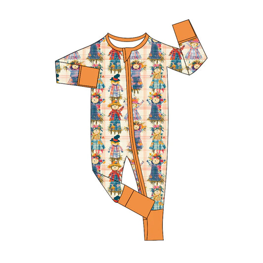 Preorder (moq 5)Baby Boys Orange Plaid Long Sleeves Scarecrows Zipper Rompers 5.26