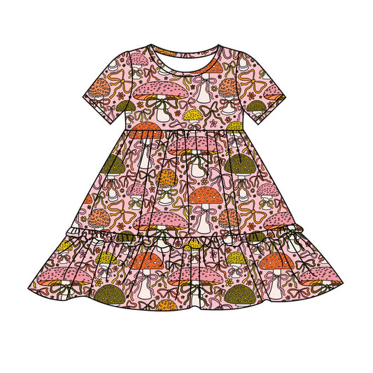Preorder(moq 8)Baby Girls Colorful Mushrooms Bows Flowers Ruffle Knee Length Dresses 9.25