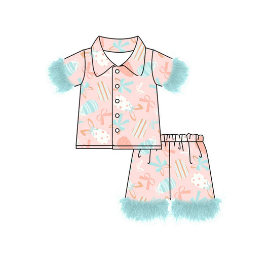 Preorder (moq 8)Baby Girls Bows Eggs Button Top Shorts Easter Fur Pajamas Sets 9.17