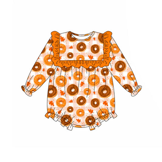 Preorder (moq 5)Baby Girls Long Sleeves Orange Plaid Leaves Cakes Ruffle Rompers 5.16