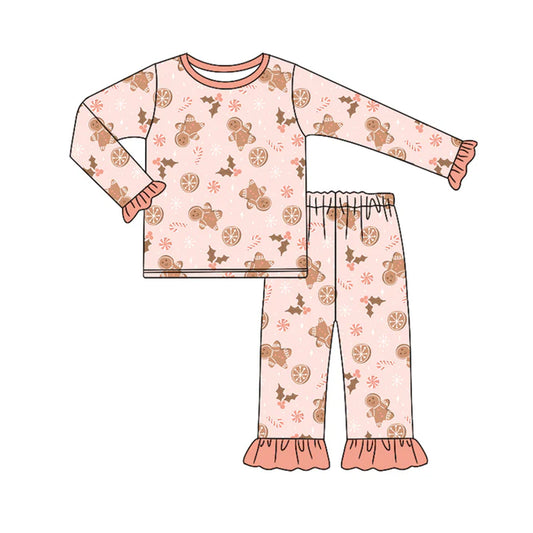 Preorder (moq 5)Baby Girls Peach Long Ruffle Sleeves Candy Cane Gingerbread Top Pant Pajamas Set 6.20