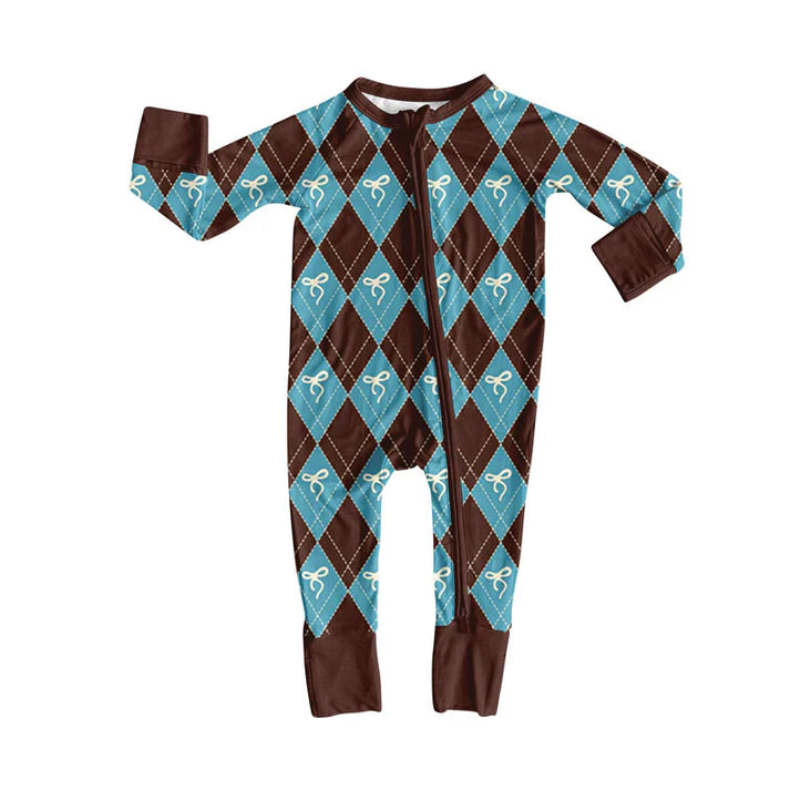 Preorder (moq 5)Baby Girls Brown Blue Checked Bows Zipper Footie Rompers 10.23