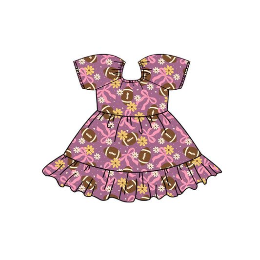 Preorder (moq 5)Baby Girls Pink Bows Footballs Flowers Team Ruffle Knee Length Dresses 12.2